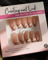 Silk Mousse press-on nail set — Champagne Cat Eye, French Silver Wire. design, hand-painted with real gel polish