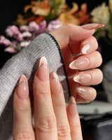 Silk Mousse nail art close-up showing Champagne Cat Eye, French Silver Wire. details