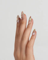 Silk Stitch press-on nails in short almond shape — Midsummer Blooms, Colorful 3d Hand-painted Florals & Dancing Butterflies.