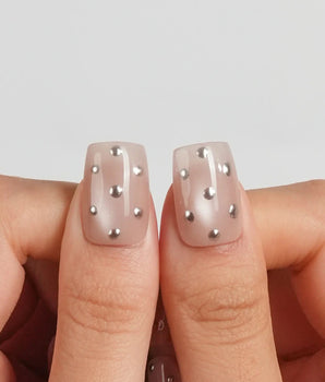 Silver Bead Short Square press on nails, handmade custom nails by Joyeenails