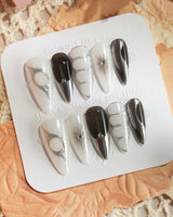 Silver Flame press-on nails in medium stiletto shape — silver chrome metallic 3D sculpted nails