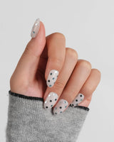 Silver Rain custom-size nails with cool silver chrome dots and clean grey-white base