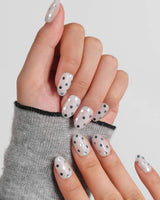 Silver Rain short oval press-on nails with futuristic white grey and silver palette