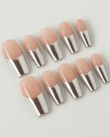 Silver Sleek medium coffin nails with futuristic reflective chrome tips