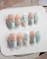 Slushie Blueberry glossy fruit nails with icy blue plaid and delicate blossom accents