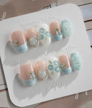 Slushie Blueberry press-on nails — Nude cat eye& Icy Blue Plaid, 3D Blueberries handmade nail art by Joyee Nails