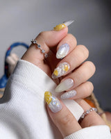 Slushie Lemon short almond nail set with frozen glass effect and 3D lemon soda art