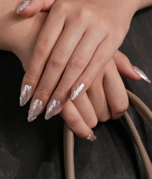 Velvet Twist press-on nails — Pink silver chrome swirl 3D sculpted glitter overlay handmade nail art by Joyee Nails