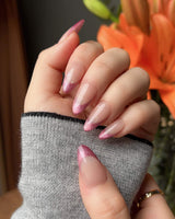 Soft Glow press-on nails — Pinkish Purple Cat Eye, French Glittery Stars. handmade nail art by Joyee Nails