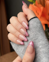 Soft Glow press-on nails — Pinkish Purple Cat Eye, French Glittery Stars. handmade nail art by Joyee Nails