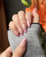 Soft Glow handmade press-on nails featuring Pinkish Purple Cat Eye, French Glittery Stars.