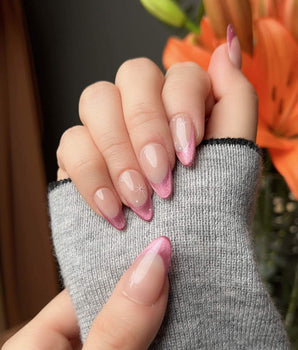 Soft Glow handmade press-on nails featuring Pinkish Purple Cat Eye, French Glittery Stars.