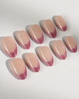 Soft Glow press-on nails in extra short almond shape — Pinkish Purple Cat Eye, French Glittery Stars.
