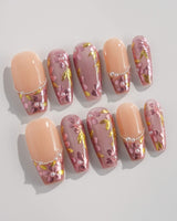 Falling Sakura press-on nails — Elegant Rosy Mauve, Hand-painted Blooms & Pearls. handmade nail art by Joyee Nails