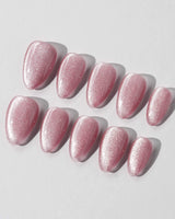 Soft Romance press-on nails in extra short almond shape — rose pink cat eye magnetic shimmer nails