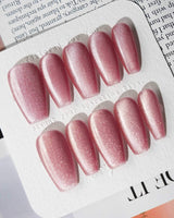 Soft Romance handmade press-on nails featuring rose pink cat eye magnetic shimmer nails