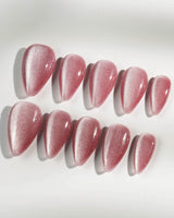 Soft Romance press-on nails in short stiletto shape — rose pink cat eye magnetic shimmer nails