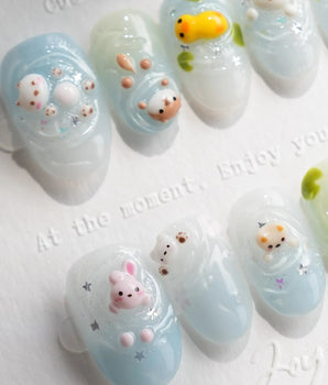 Splash Club press-on nail set — cute animal nail art design, hand-painted with real gel polish