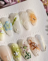 Spring wink press-on nails — Fresh Forest Style, 3D Lilies & Butterfly. handmade nail art by Joyee Nails