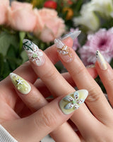 Spring wink press-on nails — Fresh Forest Style, 3D Lilies & Butterfly. handmade nail art by Joyee Nails