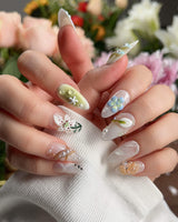 Spring wink press-on nails — Fresh Forest Style, 3D Lilies & Butterfly. handmade nail art by Joyee Nails