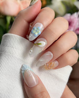 Spring wink press-on nails — Fresh Forest Style, 3D Lilies & Butterfly. handmade nail art by Joyee Nails