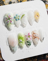 Spring wink press-on nails in short almond shape — Fresh Forest Style, 3D Lilies & Butterfly.