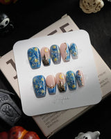 Starry Night handmade press-on nails in short coffin shape by Joyee Nails