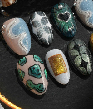 Mindbend handmade press-on nails featuring Cool & Earthy Tones, 3D Chrome & Abstract Retro.