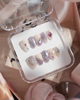 The Cygnus press-on nails — silver lilac cat eye feather chrome rhinestone cat eye effect handmade nail art by Joyee Nails