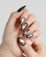 Thorned Spell press-on nails — black cat eye gold outline rose thorn design handmade nail art by Joyee Nails