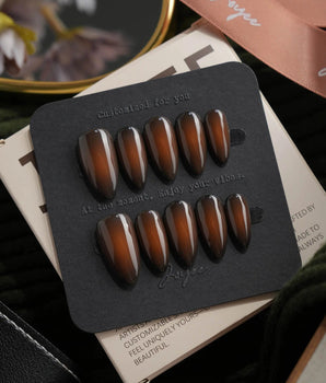 Tobacco Short Almond olive press on nails with brown aura handmade nail art - image 1