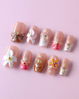 Tropical Nails Vibes handmade tropical nails with sculpted flowers and glossy finish
