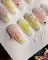 Tulip Field handmade press-on nails featuring Fresh Pink & Green, 3D Tulips & Bows.