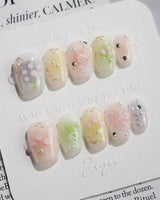 Tulip Field press-on nails in extra short coffin shape — Fresh Pink & Green, 3D Tulips & Bows.