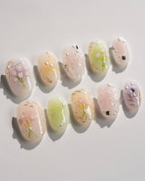 Tulip Field press-on nails in extra short oval shape — Fresh Pink & Green, 3D Tulips & Bows.