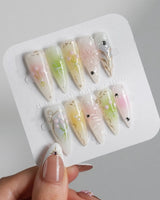 Tulip Field press-on nails in long stiletto shape — Fresh Pink & Green, 3D Tulips & Bows.