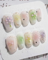 Tulip Field press-on nails in short coffin shape — Fresh Pink & Green, 3D Tulips & Bows.