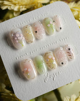 Tulip Field press-on nails in short oval shape — Fresh Pink & Green, 3D Tulips & Bows.