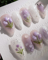 Tulip- Glow up nail art close-up showing Romantic Lilac Purple, 3D Tulips & Sequin Accents. details