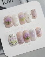 Tulip- Glow up press-on nails in extra short square shape — Romantic Lilac Purple, 3D Tulips & Sequin Accents.