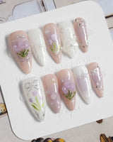 Tulip- Glow up press-on nails in medium stiletto shape — Romantic Lilac Purple, 3D Tulips & Sequin Accents.