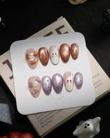 Twilight Pumpkin handmade press-on nails in extra short almond shape by Joyee Nails