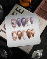 Twilight Pumpkin handmade press-on nails in short almond shape by Joyee Nails