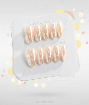 Lemon soda handmade press-on nails featuring Pearly Aurora Nude, Retro Milky White Polka Dots