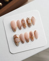 Venetian Glass M press-on nails in short almond with blush roses and champagne glitter