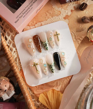 Vintage V handmade press-on nails featuring Vintage Oil Painting Style, 3D Cross & Gemstones.