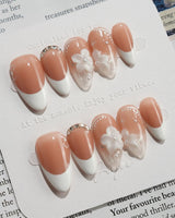 Wedding Day press-on nails — Elegant Style, White French Tips & 3D Camellias. handmade nail art by Joyee Nails