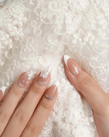 Wedding Day press-on nails in medium almond shape — Elegant Style, White French Tips & 3D Camellias.