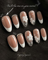 Wedding Day press-on nail set — Elegant Style, White French Tips & 3D Camellias. design, hand-painted with real gel polish